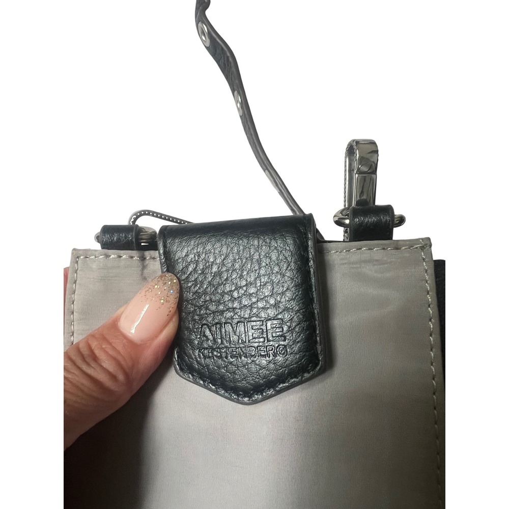 Aimee Kestenberg Black Leather Grey Nylon Crossbody Phone Bag Grommet Strap - Picture 4 of 8